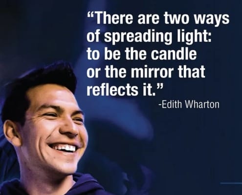 Portrait of soccer star Hirving "Chucky" Lozano, smiling on a blue background, next to the Edith Wharton quote about spreading light.